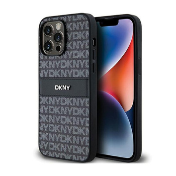 DKNY bőr mono csíkos és fém logóval - iPhone 14 Pro Max tok (fekete)