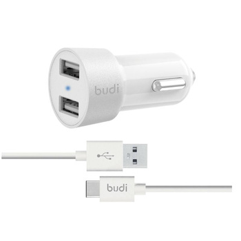 Budi - Nabíječka do auta 2x USB, 24W + kabel USB-C 1,2 m (bílá)