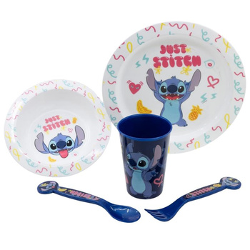 Disney Stitch - Sada nádobí do mikrovlnné trouby 5 ks. z kolekce Palms (talíř, miska, šálek, vidlička, lžíce)