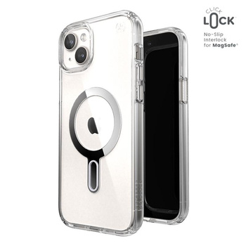 Speck Presidio Perfect-Clear ClickLock & Magsafe - Coque pour iPhone 15 Plus (Transparente / Finition Chrome / Argent Serein)