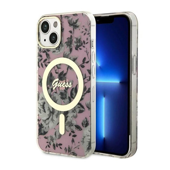 Guess Flower MagSafe - pouzdro pro iPhone 14 Plus (růžové)