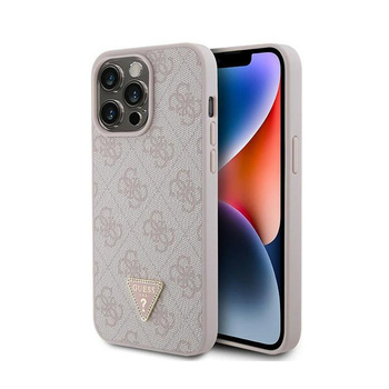 Kožené pouzdro Guess 4G Triangle Strass - iPhone 15 Pro Max (růžové)