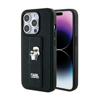 Karl Lagerfeld Gripstand Saffiano Karl & Choupette kitűzők - iPhone 13 Pro Max tok (fekete)