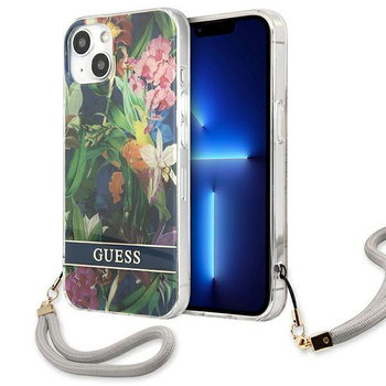 Guess Flower Cord - Tasche mit Umhängeband iPhone 13 (Blau)