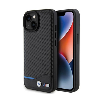 BMW Leather Carbon Blue Line - Coque pour iPhone 15 (noir)