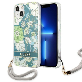 Guess Flower Cord - Tasche mit Umhängeband iPhone 13 mini (Grün)