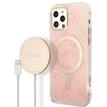 Guess Bundle Pack MagSafe 4G - MagSafe iPhone 12 / iPhone 12 Pro case + charger set (pink/gold)