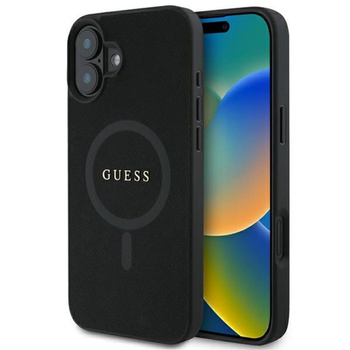 Guess Saffiano Classic Logo MagSafe - Étui pour iPhone 16 Plus (noir)