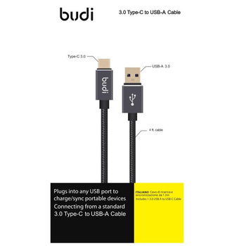 Budi - USB-A - USB-C cable, gold-plated plugs, transfer up to 5GB/s, 1.2 m (Black)