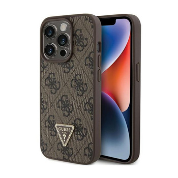 Kožené pouzdro Guess 4G Triangle Strass - iPhone 15 Pro (hnědé)