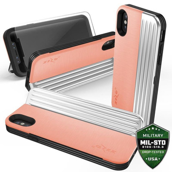 Zizo Retro Series - Coque pour iPhone Xs / X avec pochette pour cartes + support + écran en verre 9H (Pêche/Argent)