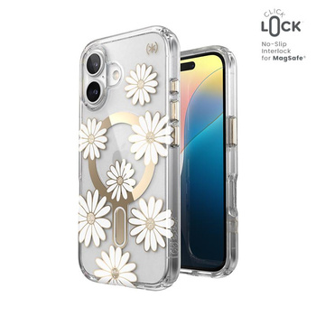 Speck Presidio Lux ClickLock & MagSafe - pouzdro pro iPhone 16 (Sunshine Daisies / Clear / Gold)