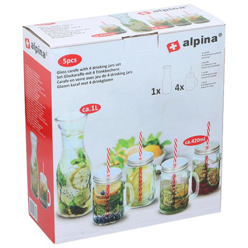 Alpina - Set of glass beverage jars with straws 4 pcs. with a 1 l carafe