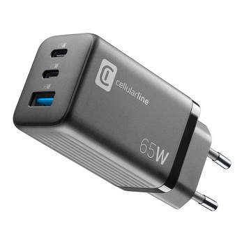 Cellularline Multipower Micro GaN - Power Charger 2x USB-C & USB-A Power Delivery 65W (black)