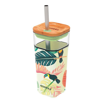 Quokka Liquid Cube - Mug en verre 540 ml avec paille en acier inoxydable (Tropical Toucans)