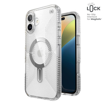 Speck Presidio Perfect-Clear Grip ClickLock & MagSafe - iPhone 16 Plus Fall (Clear / Chrom-Finish / Serene Silber)