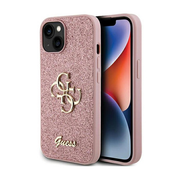 Guess Glitter Script Big 4G - pouzdro pro iPhone 15 Plus (růžové)