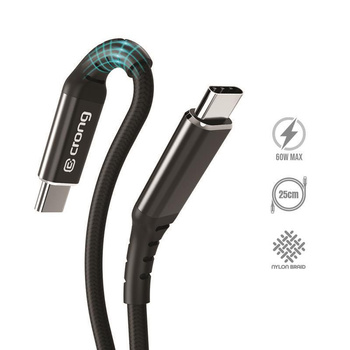 Crong Armor Link - 60W 3A USB-C na USB-C opletený kabel Power Delivery 25cm (černý)