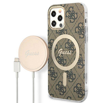 Guess Bundle Pack MagSafe 4G - MagSafe iPhone 12 / iPhone 12 Pro case + charger set (brown/gold)