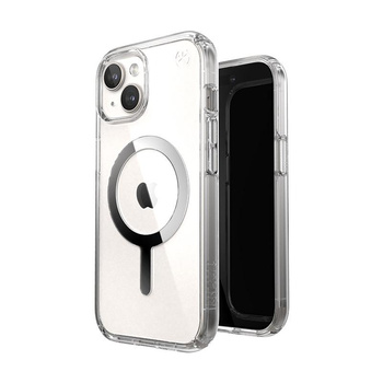 Speck Presidio Perfect-Clear MagSafe - iPhone 15 Case (Clair / Finition Chrome / Argent Serein)