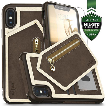 Zizo Nebula Wallet Case - Leather iPhone X case with card pockets + zippered pouch + 9H glass for screen (Dark Brown/Brown)