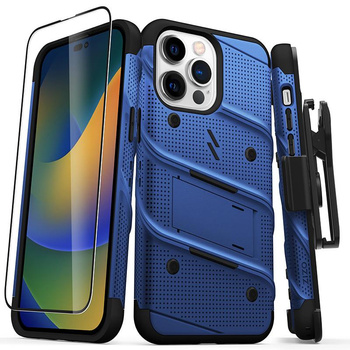 ZIZO BOLT Series - Armored iPhone 14 Pro Max case with 9H glass for screen + holder with stand (blue)