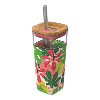 Quokka Liquid Cube - 540 ml glass mug with stainless steel straw (Pink Jungle)