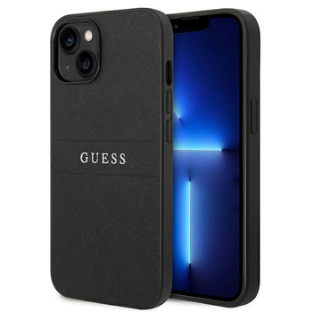 Guess Saffiano Metal Logo Stripes - Etui iPhone 14 Plus (czarny)