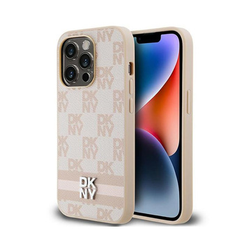 Kožené pouzdro DKNY s kostkovaným jednobarevným vzorem a tištěnými pruhy - iPhone 14 Pro (růžové)