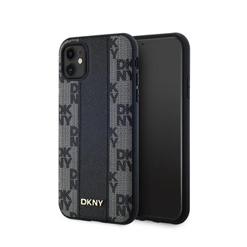 DKNY bőrből készült, kockás, egyszínű mintás MagSafe - iPhone 11 tok (fekete)