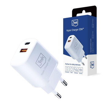 3mk Hyper Charger - Chargeur secteur USB-A QC 3.0 + USB-C PD 20W (Blanc)