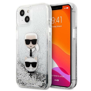 Karl Lagerfeld Liquid Glitter Karl & Choupette Head - Etui iPhone 13 mini (srebrny)