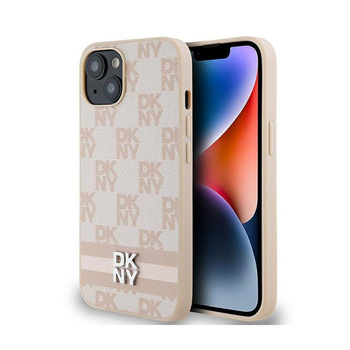 Kožené pouzdro DKNY s kostkovaným jednobarevným vzorem a tištěnými pruhy - iPhone 15 Plus / 14 Plus (růžové)