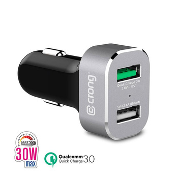 Crong Power Car Charger 30W - USB QuickCharge 3.0 + USB 2,4A nabíječka do auta (hliník)