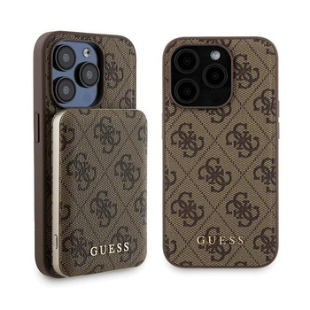 Guess Bundle Pack MagSafe 4G Metal Gold Logo - Etui + Power Bank 5000mAh MagSafe iPhone 15 Pro (marron)