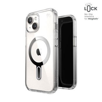 Speck Presidio Perfect-Clear ClickLock & Magsafe - iPhone 15 Case (Transparent / Finition chromée / Argent Serein)