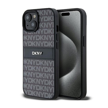 DKNY Bőr mono csíkos és fém logóval - iPhone 15 Plus / 14 Plus tok (fekete)