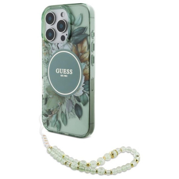 Guess IML Flowers With Pearl Strap Étui MagSafe pour iPhone 16 Pro Max (vert)