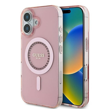 Guess IML Rhinestones MagSafe - Coque iPhone 16 (rose)