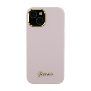 Pouzdro Guess Silicone Script Metal Logo & Frame - iPhone 15 Pro (růžové)