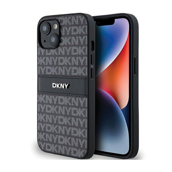 DKNY Bőr mono csíkos és fém logóval - iPhone 14 / 15 / 13 tok (fekete)