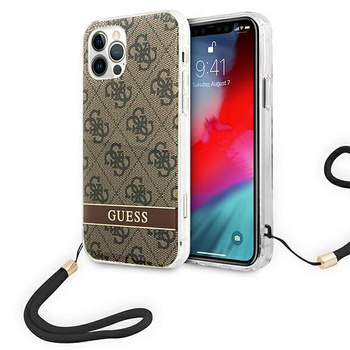 Guess 4G Print Cord - Tasche mit Lanyard iPhone 12 Pro / iPhone 12 (Braun)