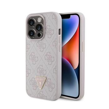 Kožené pouzdro Guess 4G Triangle Strass - iPhone 15 Pro (růžové)