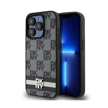 DKNY Leather Checkered Mono Pattern & Printed Stripes - iPhone 15 Pro Case (black)