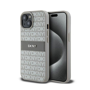 DKNY Bőr mono csíkos és fém logó - iPhone 15 / 14 / 13 tok (bézs)