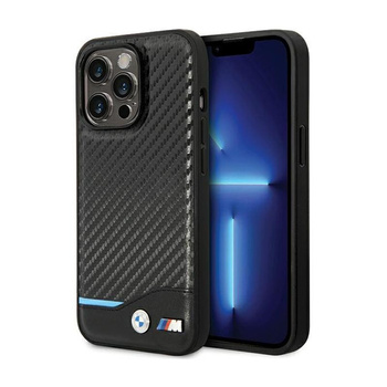 BMW Leder Carbon Blue Line - Tasche für iPhone 13 Pro (Schwarz)