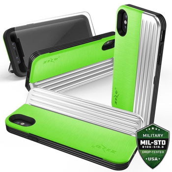 Zizo Retro Series - Coque pour iPhone Xs / X avec pochette pour cartes + support + verre 9H pour l'écran (Vert fluo/Argent)