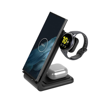 Crong PowerSpot Pivot Stand - Chargeur sans fil 3-en-1 pour iPhone, Samsung & Android, Galaxy Watch et écouteurs TWS (noir)