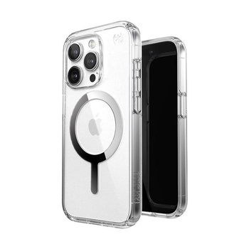 Speck Presidio Perfect-Clear MagSafe - iPhone 15 Pro Case (Clair / Finition Chrome / Argent Serein)