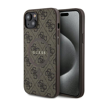 Guess 4G Collection Leather Metal Logo MagSafe - Etui iPhone 15 Plus / 14 Plus (brązowy)